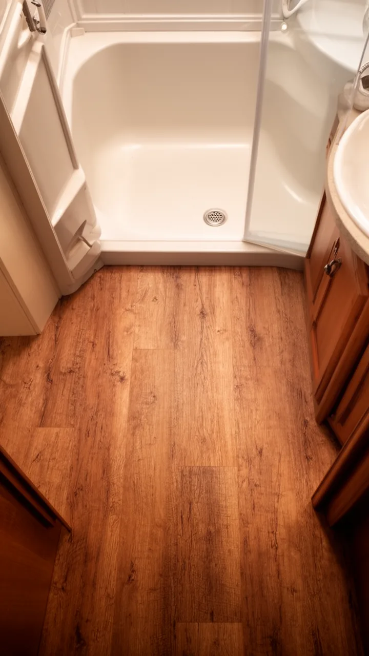 Warm wood-look waterproof vinyl flooring in a small camper wet bath