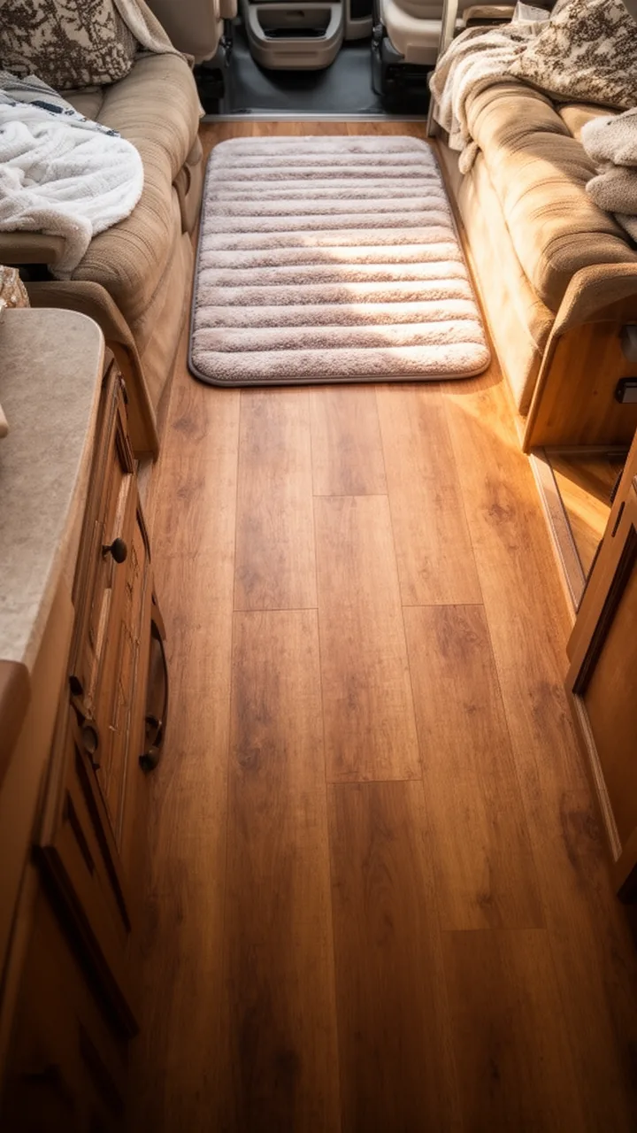 Warm wood vinyl camper floor with a soft heated mat for cold-weather comfort