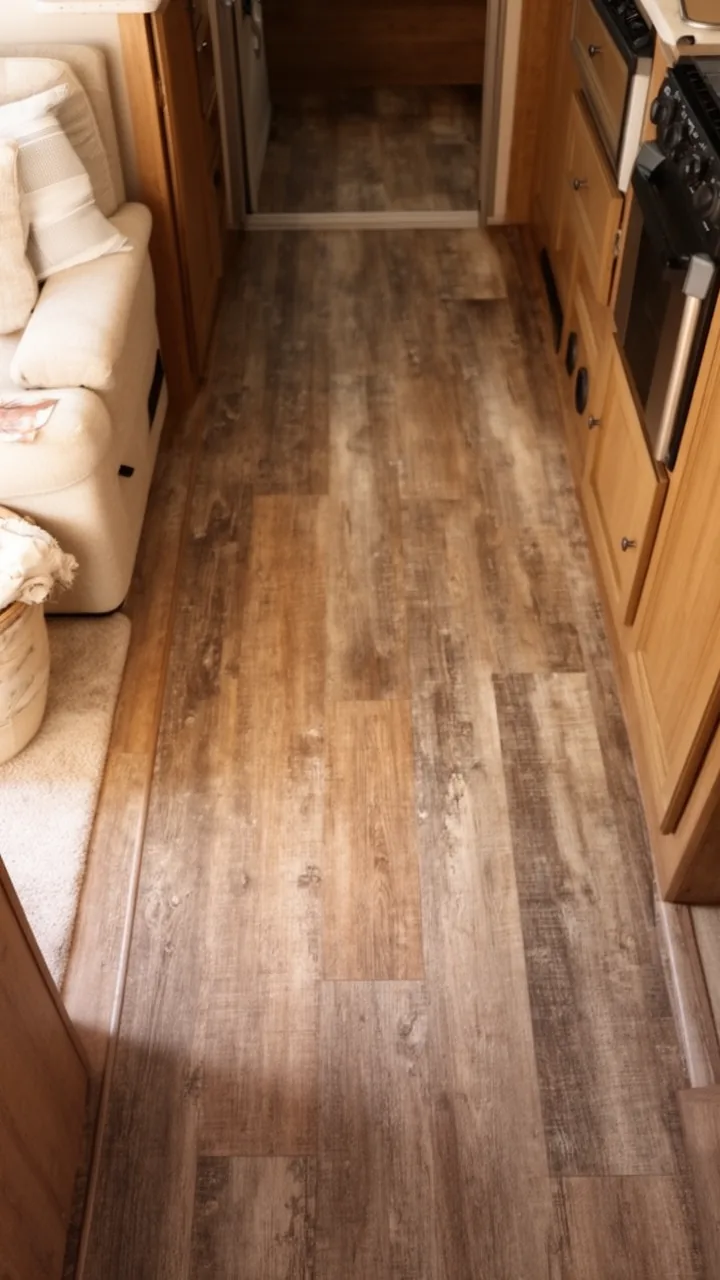 Warm weathered wide-plank wood-look vinyl for a cozy farmhouse camper floor