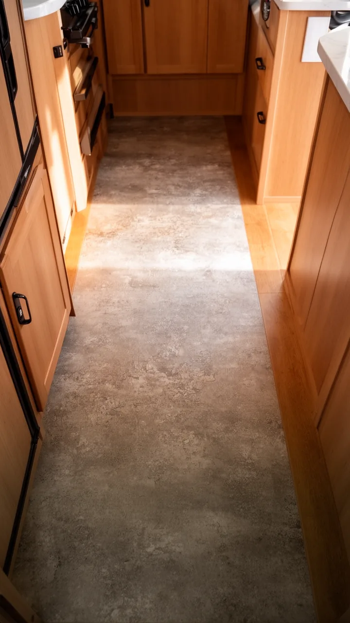 Warm greige concrete-look vinyl flooring for a sleek industrial camper style