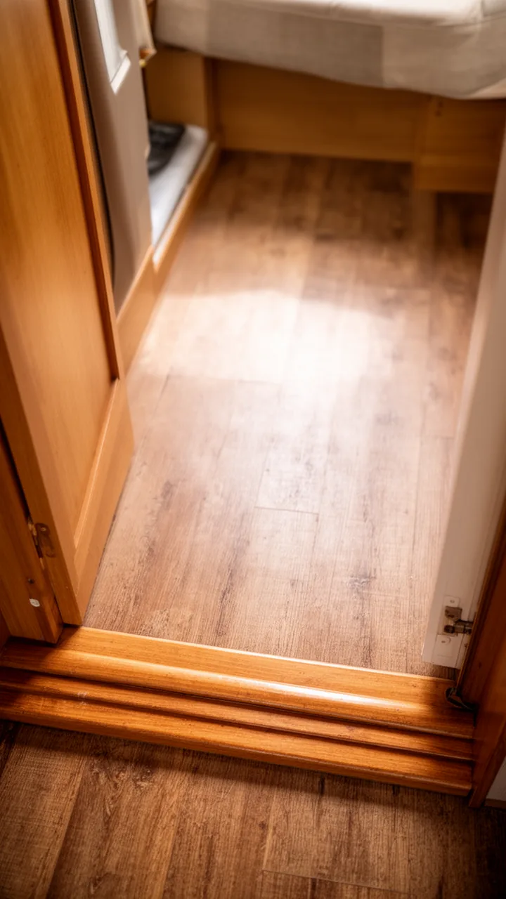 Warm wood trim and threshold finishing the edge of a cozy camper floor