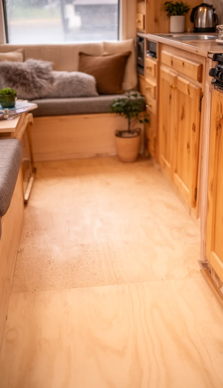 Soft sand painted plywood floor in a budget-friendly camper