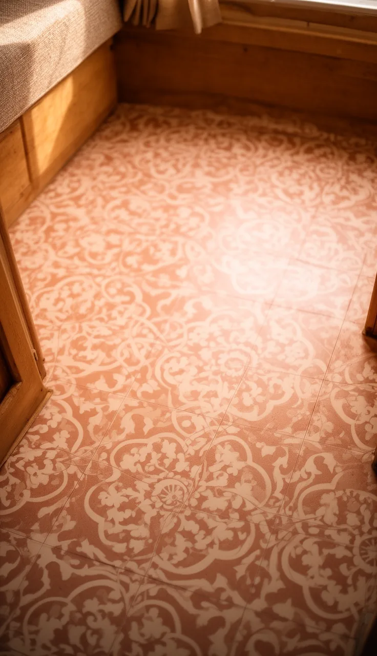 Warm terracotta and cream stenciled tile-pattern camper floor