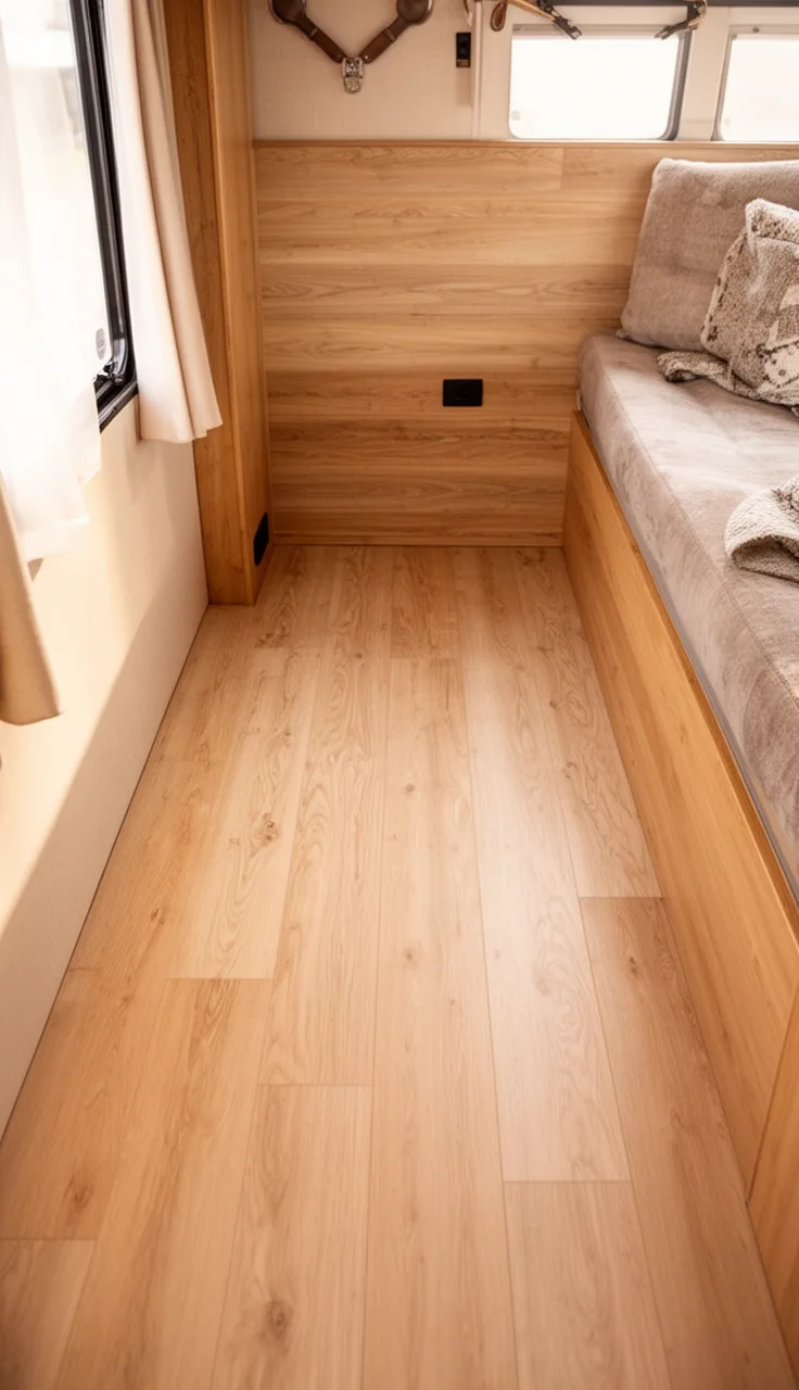 Peel-and-stick light oak vinyl plank floor in a small camper