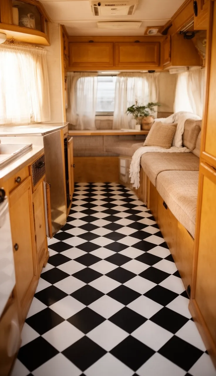 Black-and-white checkerboard peel-and-stick floor in a vintage camper