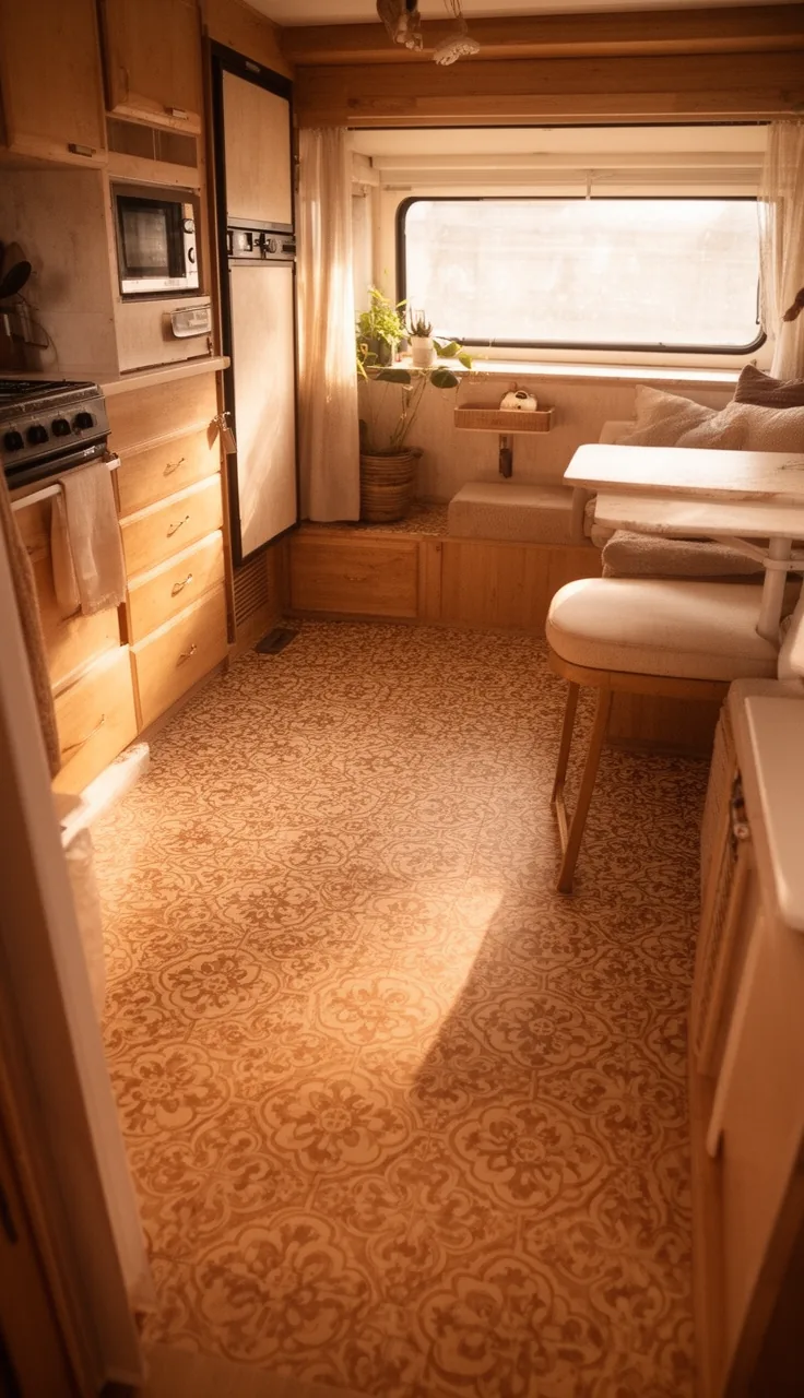 Warm patterned peel-and-stick encaustic-look tile in a camper kitchen