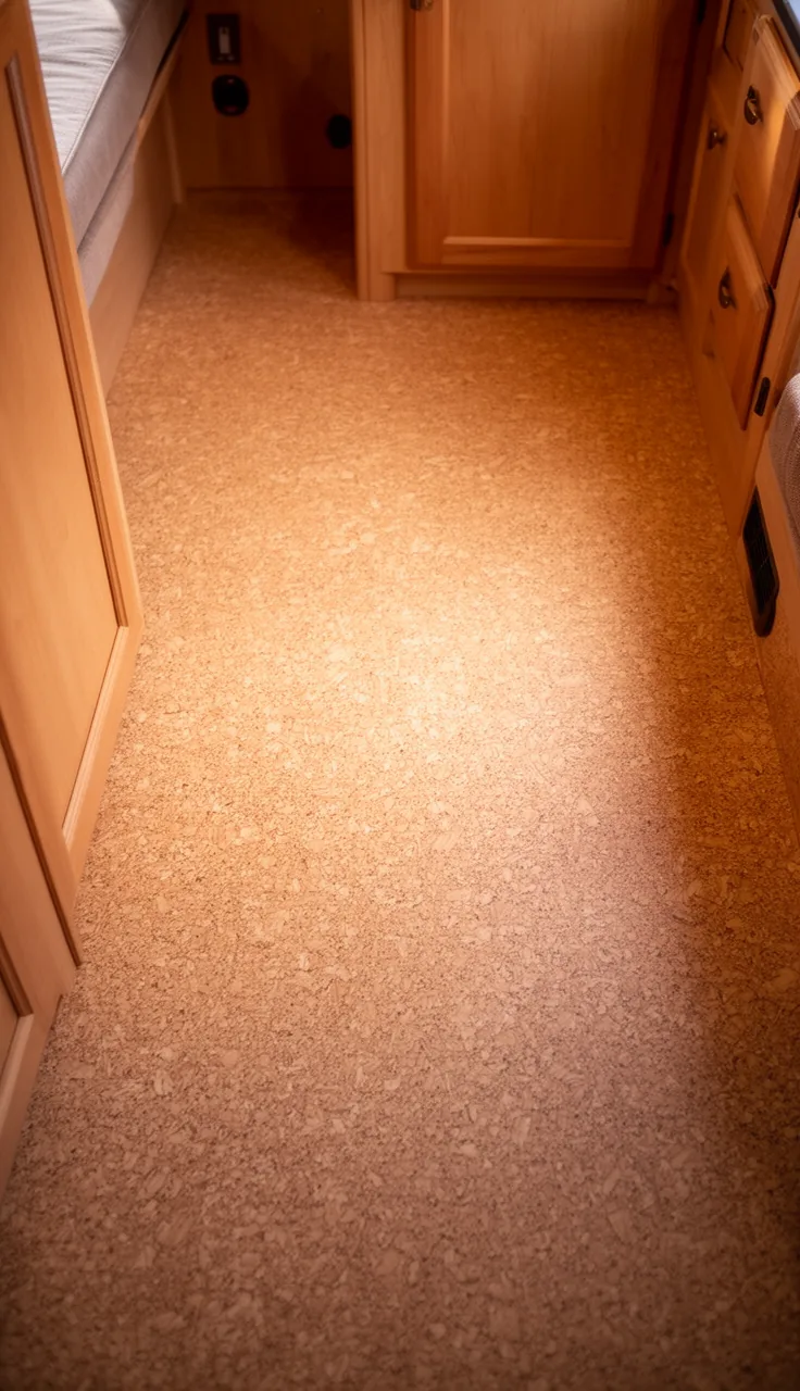Warm tan cork floor in a cozy, quiet camper