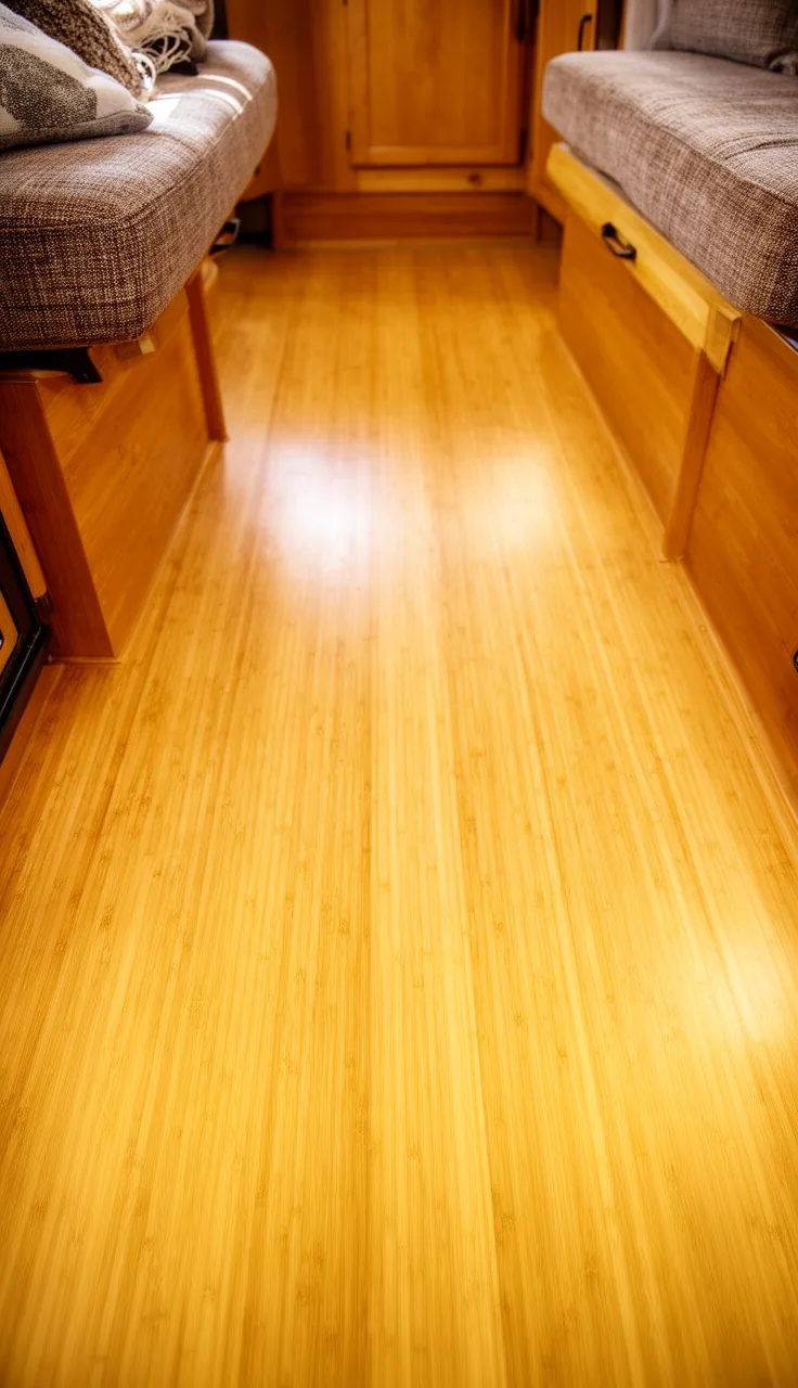 Warm golden bamboo floor with light natural grain in a camper