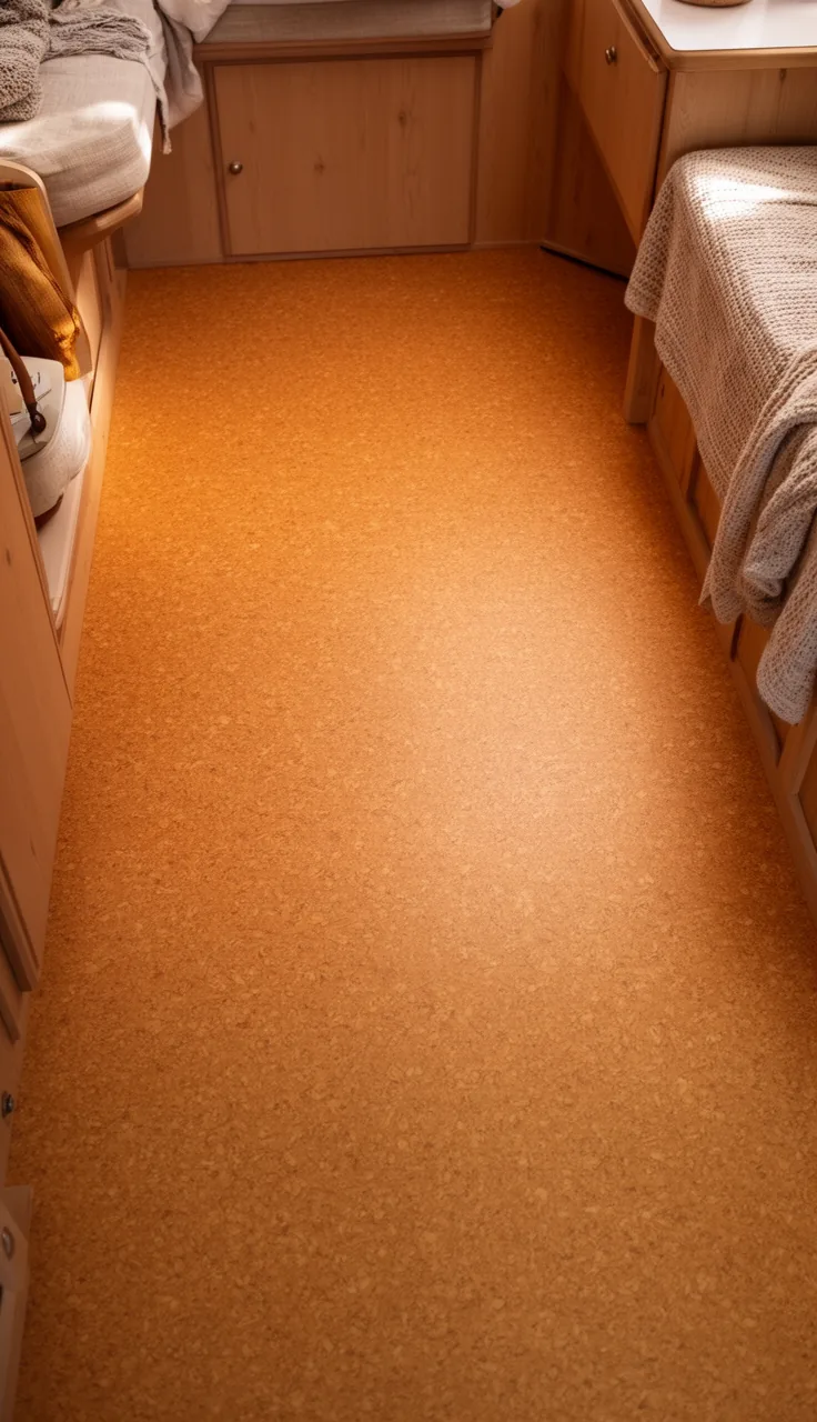 Warm amber natural linoleum floor in a cozy eco-friendly RV