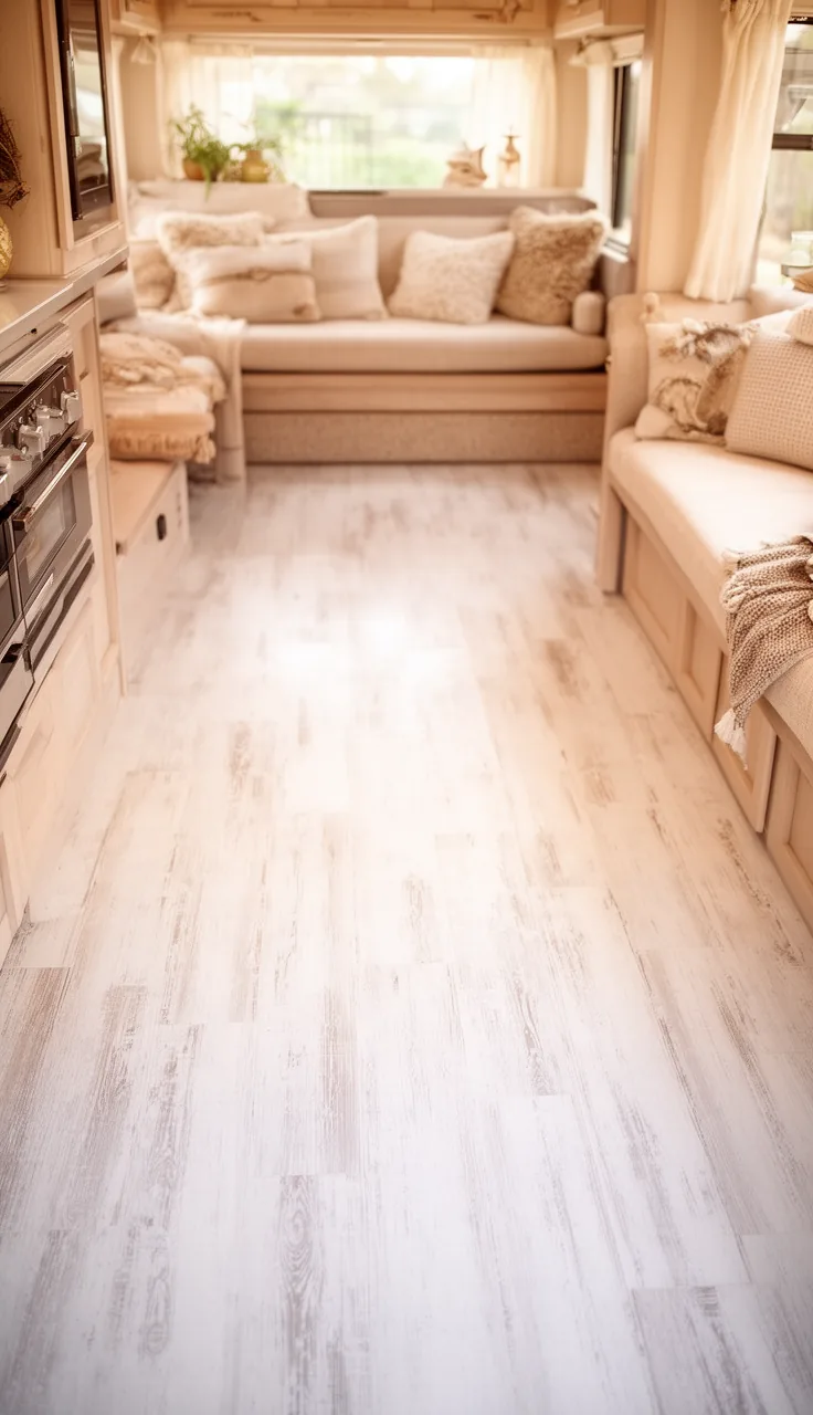 Light coastal whitewashed wood floor in an airy camper