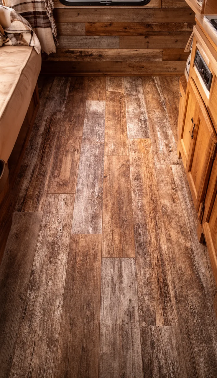 Warm reclaimed weathered wood-look vinyl planks in a rustic camper