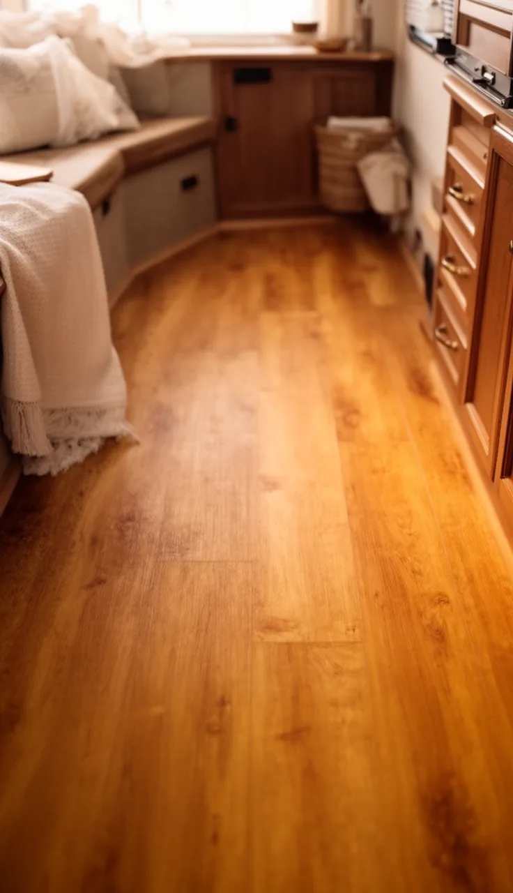 Warm honey luxury vinyl plank floor in a cozy small camper