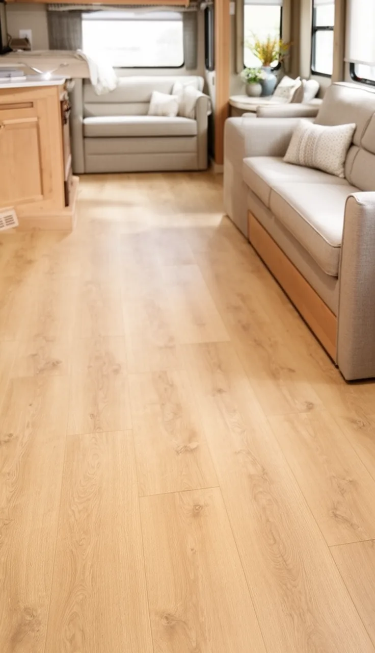 Light oak wood-look vinyl plank floor in a bright RV living area