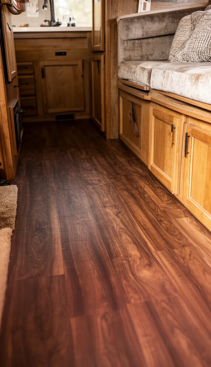 Rich walnut wood-look vinyl plank camper floor with a cozy cabin feel