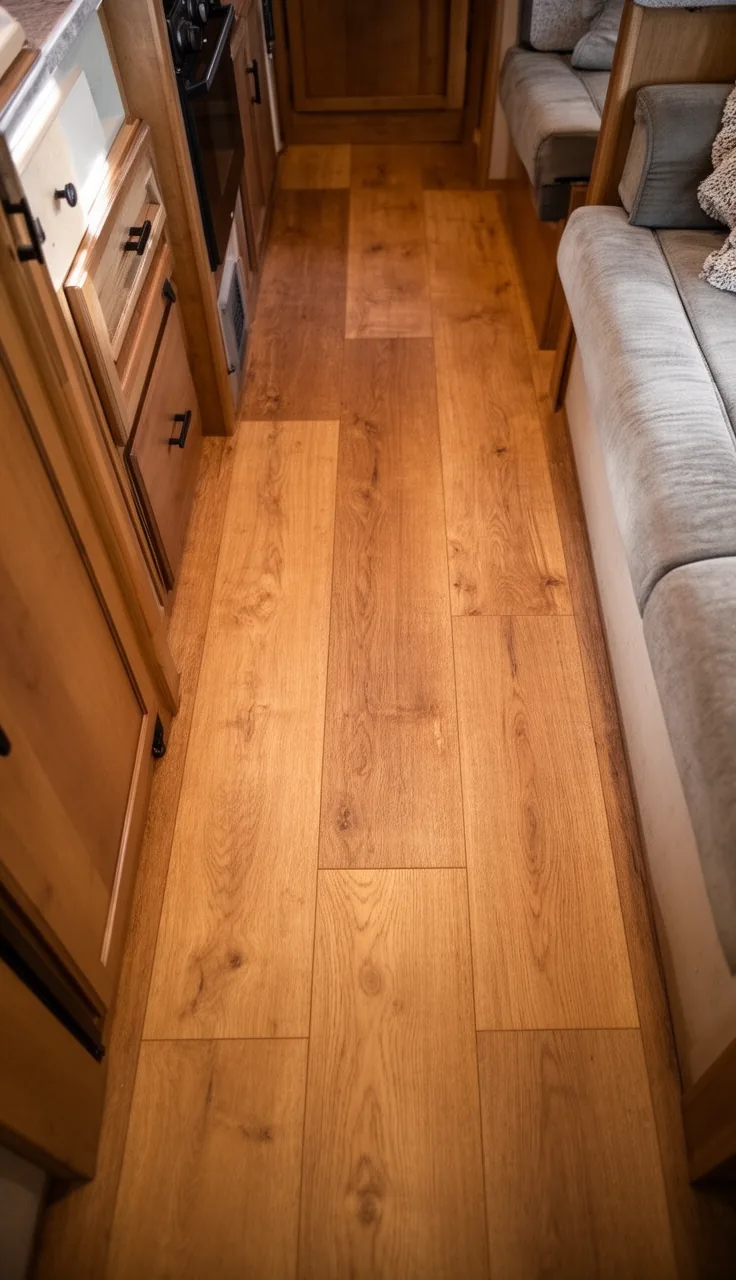 Wide plank warm oak vinyl floor running lengthwise in a narrow camper