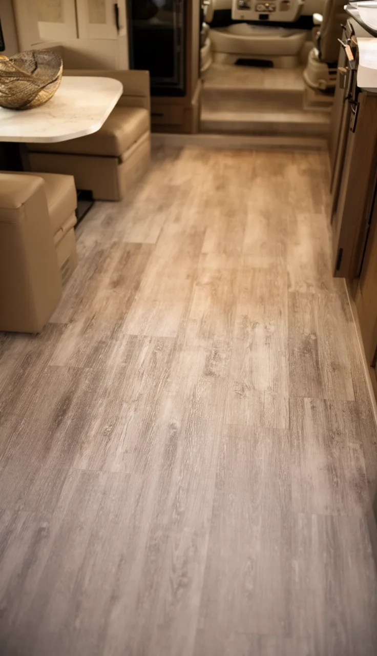 Warm greige wood-look vinyl plank floor in a modern RV interior