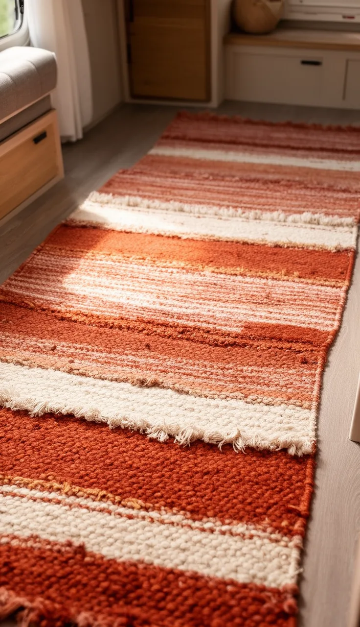 Cozy layered terracotta and cream boho rugs over a camper floor