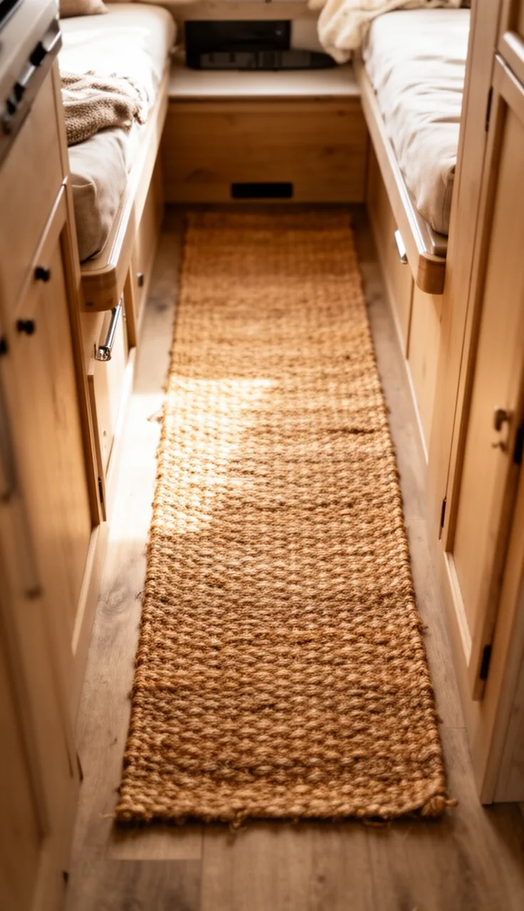 Natural woven jute runner down a narrow camper hallway