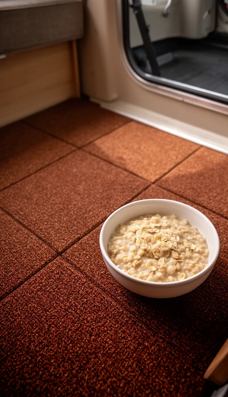 Warm oatmeal and rust indoor-outdoor carpet tiles in a camper lounge