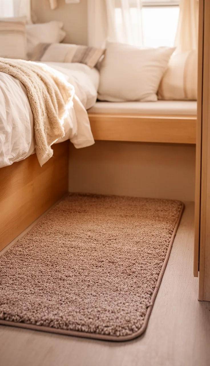Soft washable low-pile rug in a cozy camper bedroom nook