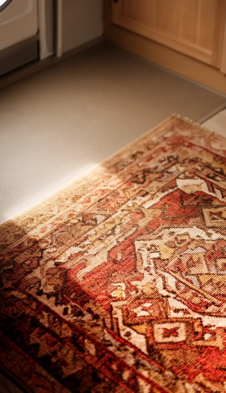 Warm patterned kilim-style rug layered over a plain camper floor