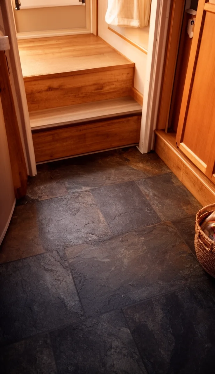 Warm charcoal slate-look vinyl tile at a camper entry mudroom