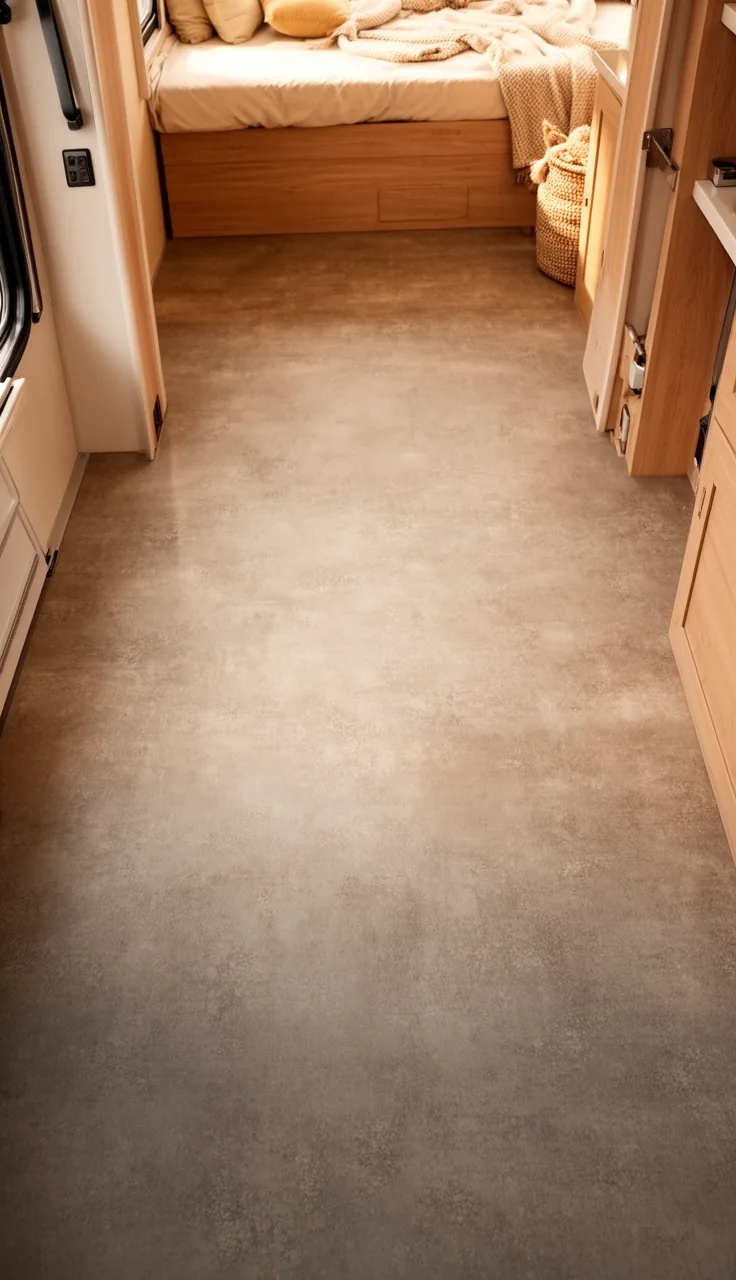 Warm greige concrete-look vinyl floor in a modern camper