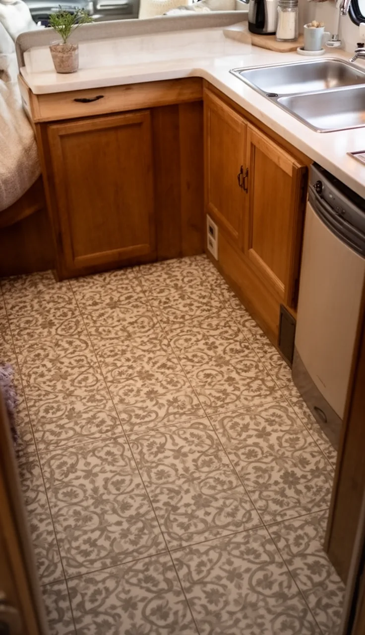 Patterned encaustic-look tile floor in a cozy camper kitchen zone