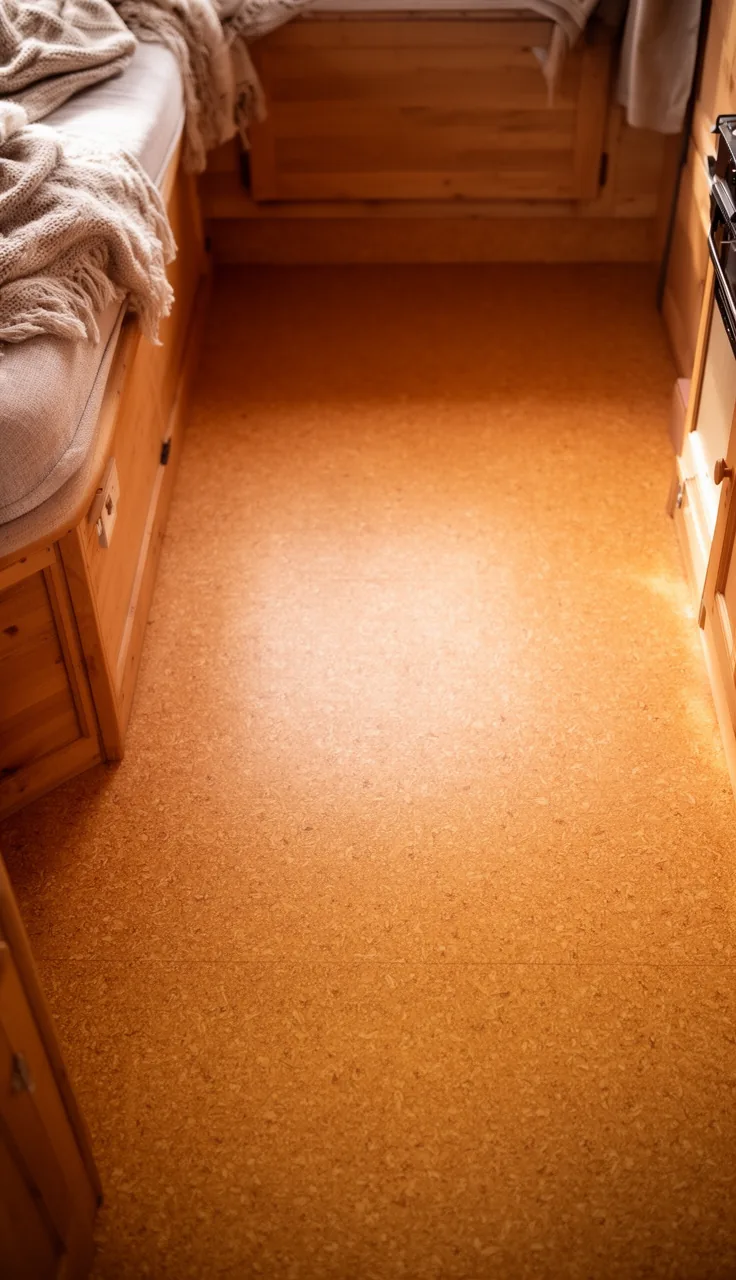 Warm amber natural linoleum floor in an eco-friendly camper