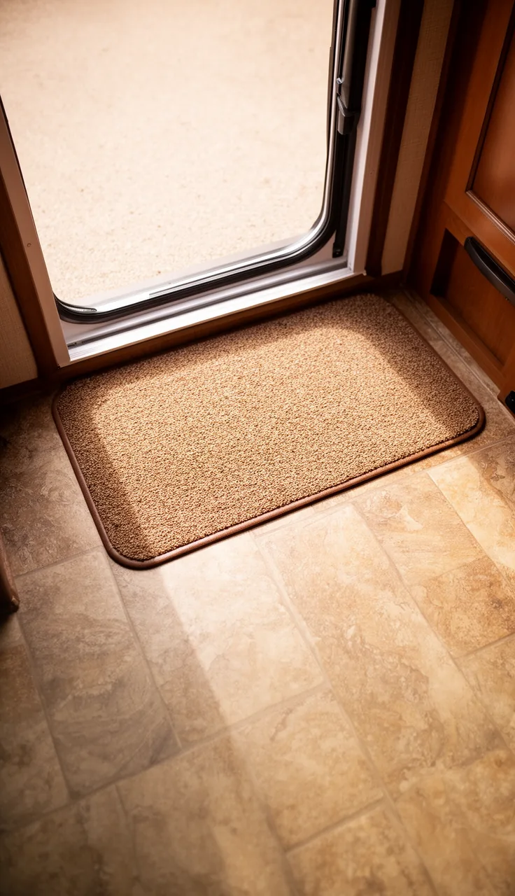 Stone-look vinyl tile by a camper door for a grit-tough entry