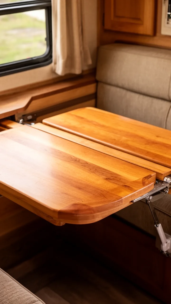 Warm wood Lagun swing-arm table swinging over to the camper sofa seating
