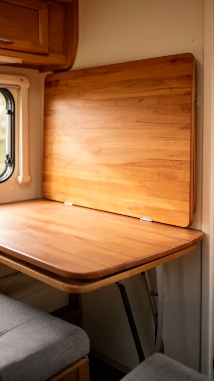 Warm wood folding camper table folded flat against the wall to open up the floor