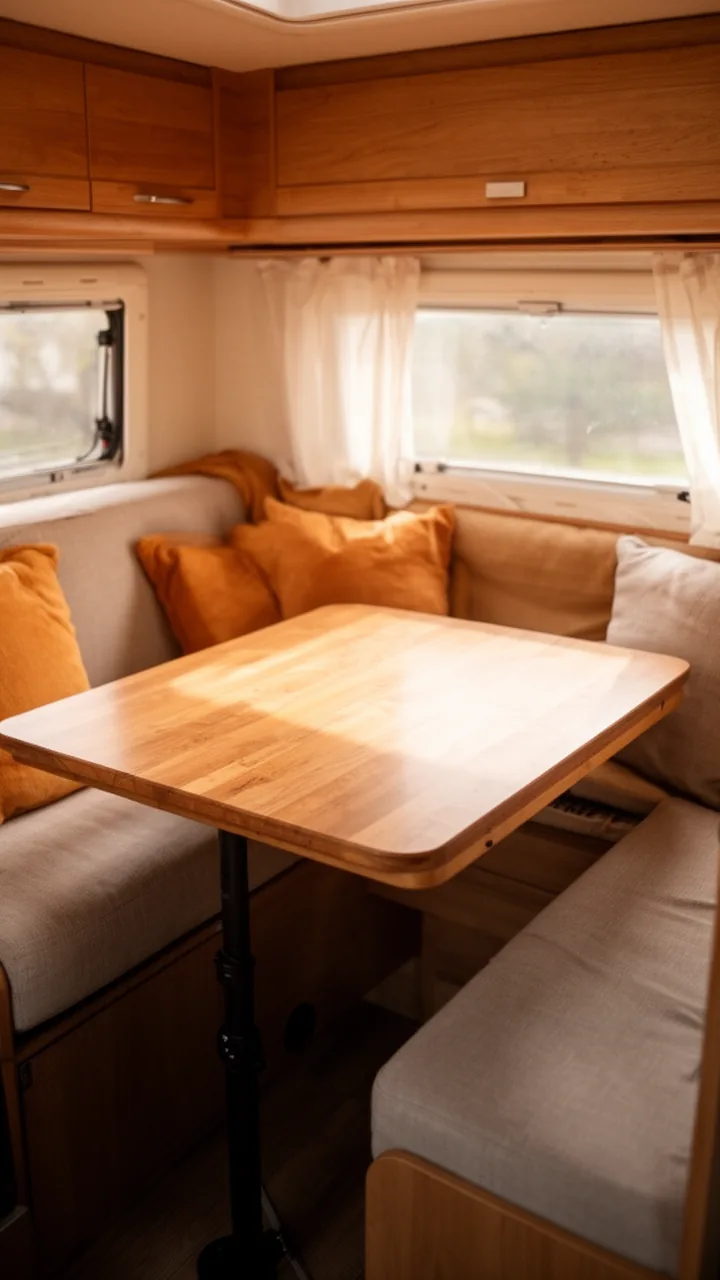 Camper dinette table lowered between the benches to build a cozy extra bed