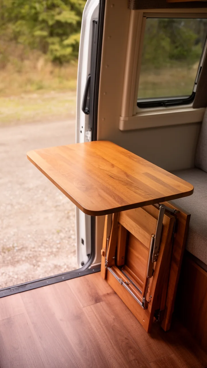 Collapsible RV table with folding legs tucked neatly by the camper doorway