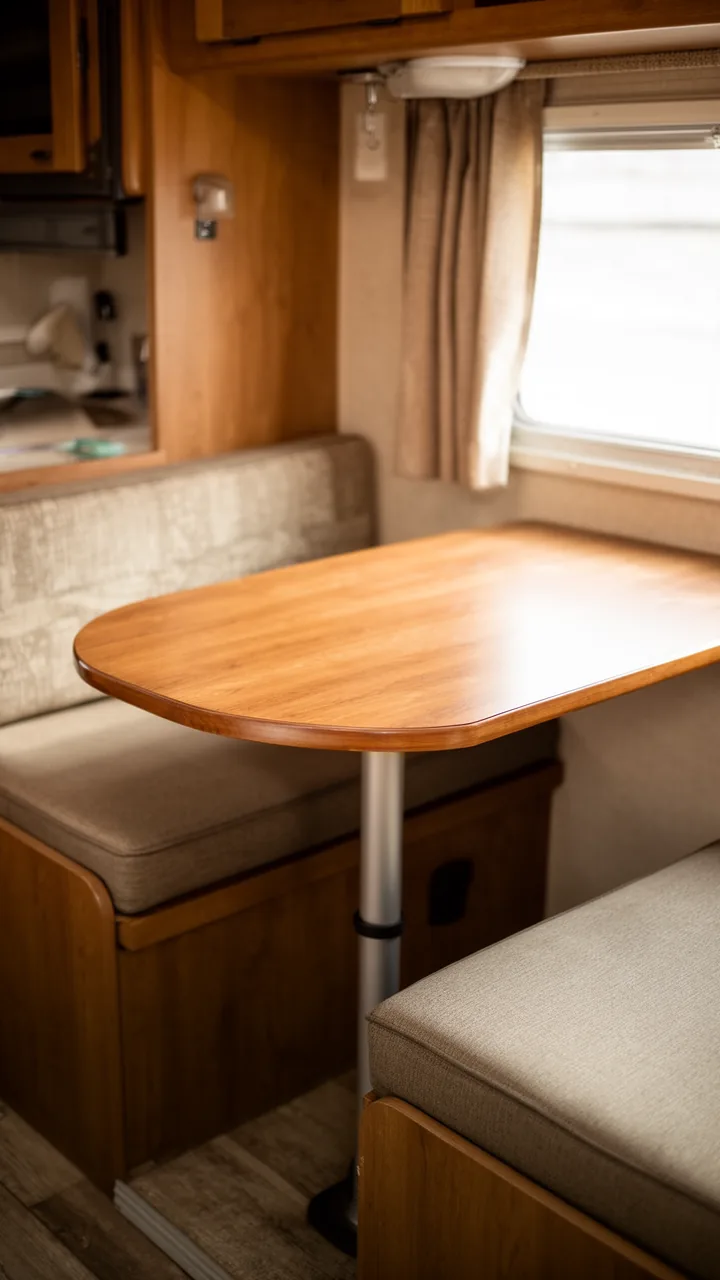 Warm round wood pedestal table on a single quick-release center post in a camper