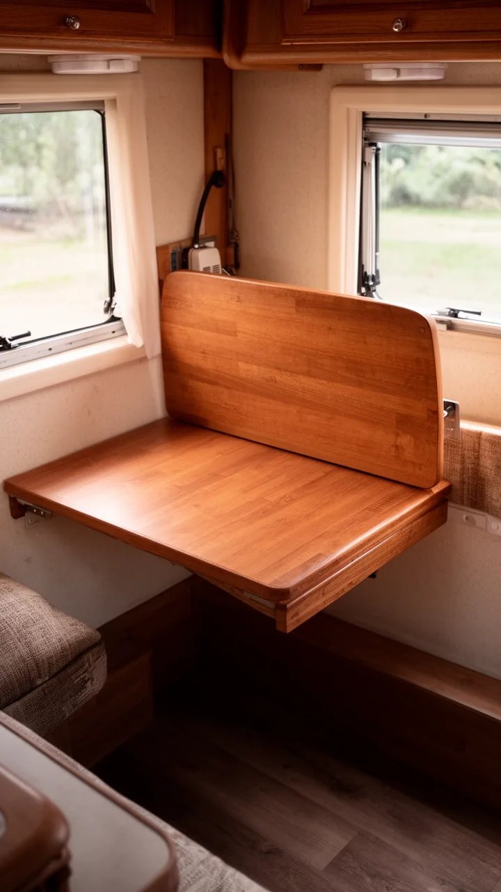 Warm wood wall-mounted drop-leaf table folded down flat in a tiny camper nook