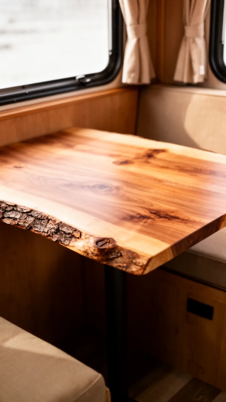 Warm live-edge wood slab table top with a natural bark edge in a cozy camper