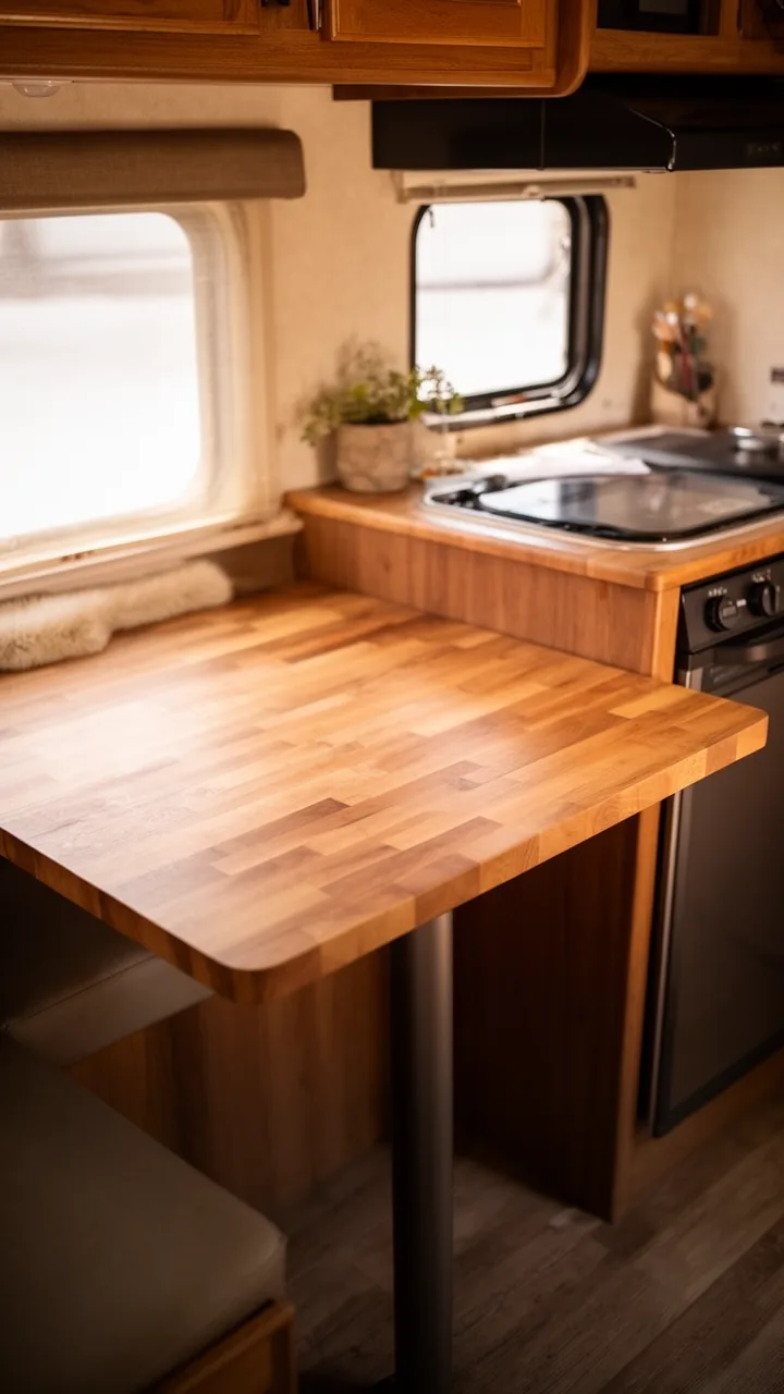 Warm butcher block RV kitchen table doubling as prep space beside the galley