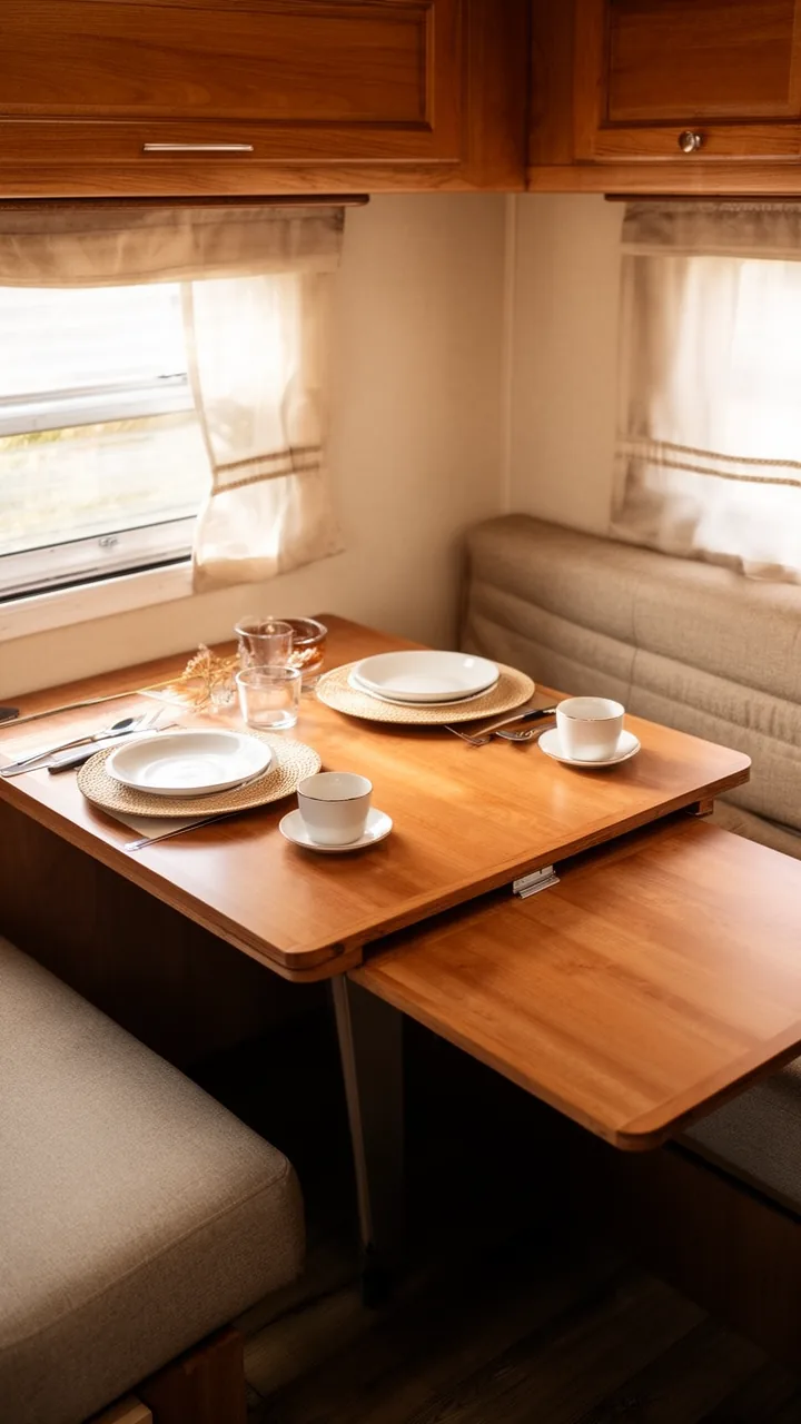 Warm wood extending camper table with a slide-out leaf set for extra guests