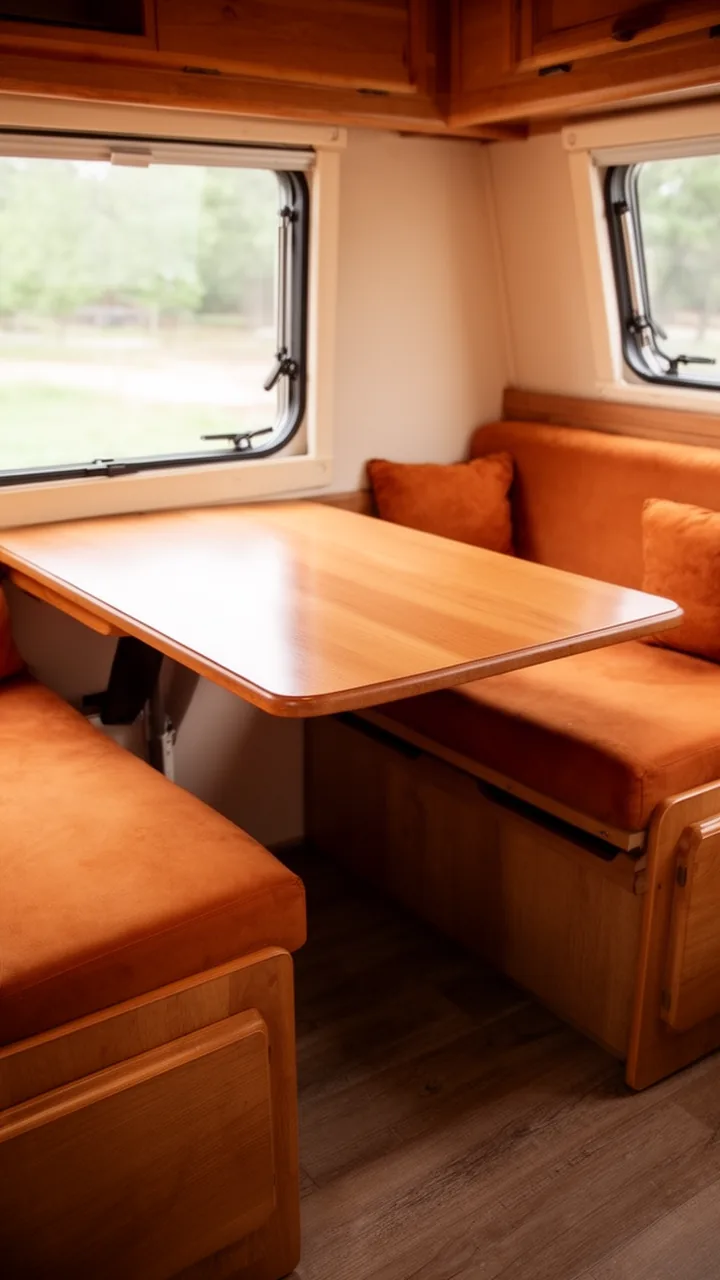 Camper booth dinette with warm cushions and hidden storage under the bench seats