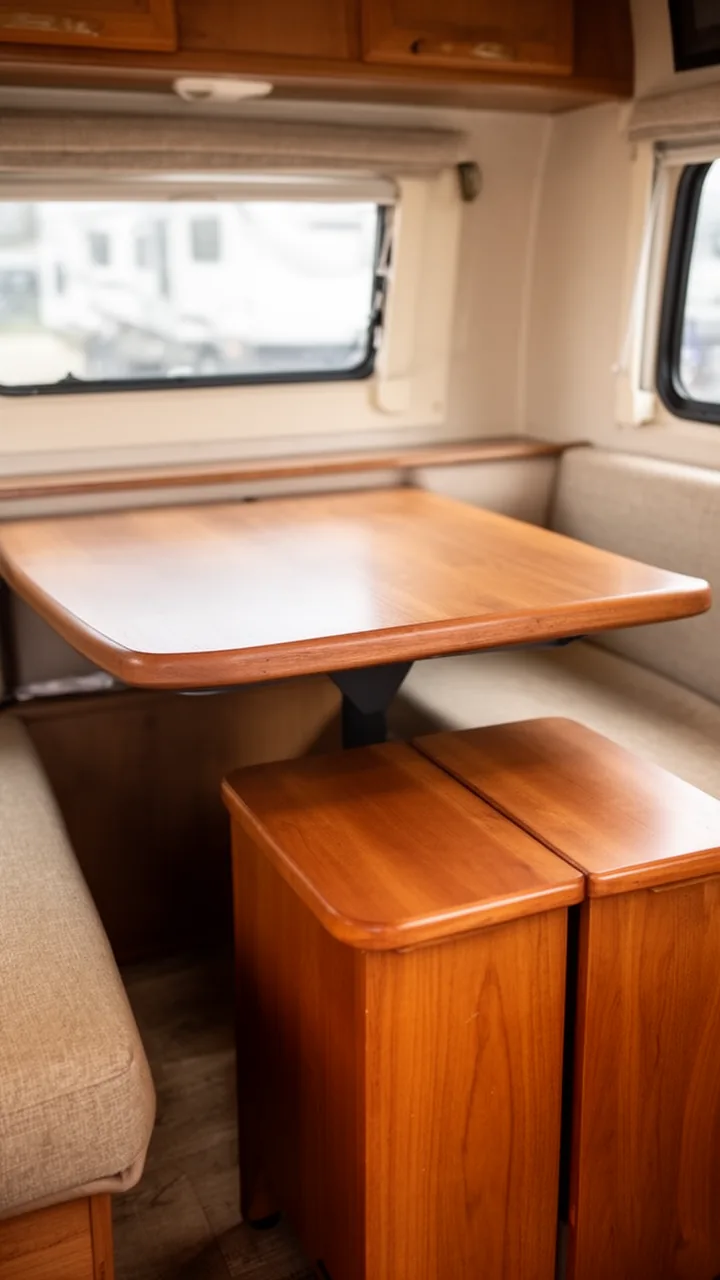 Two warm wood nesting side tables in a camper, one tucked neatly under the other