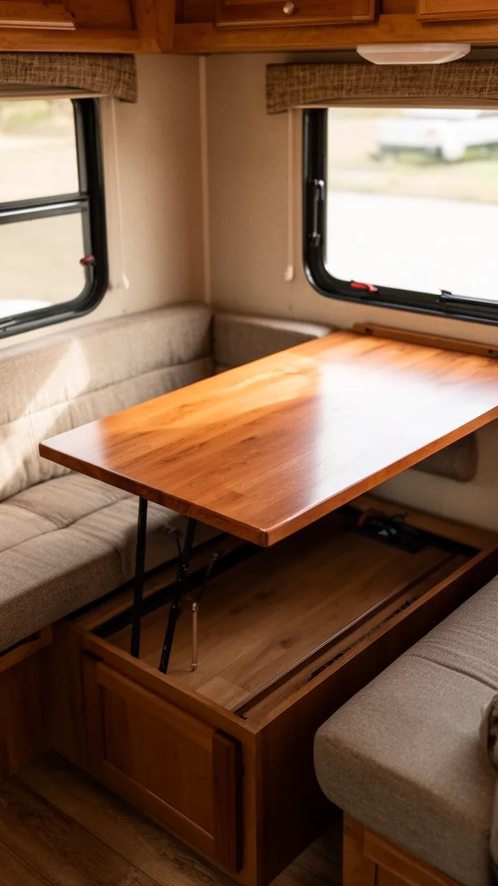 Warm wood lift-top coffee table raised to dining height in a cozy camper lounge