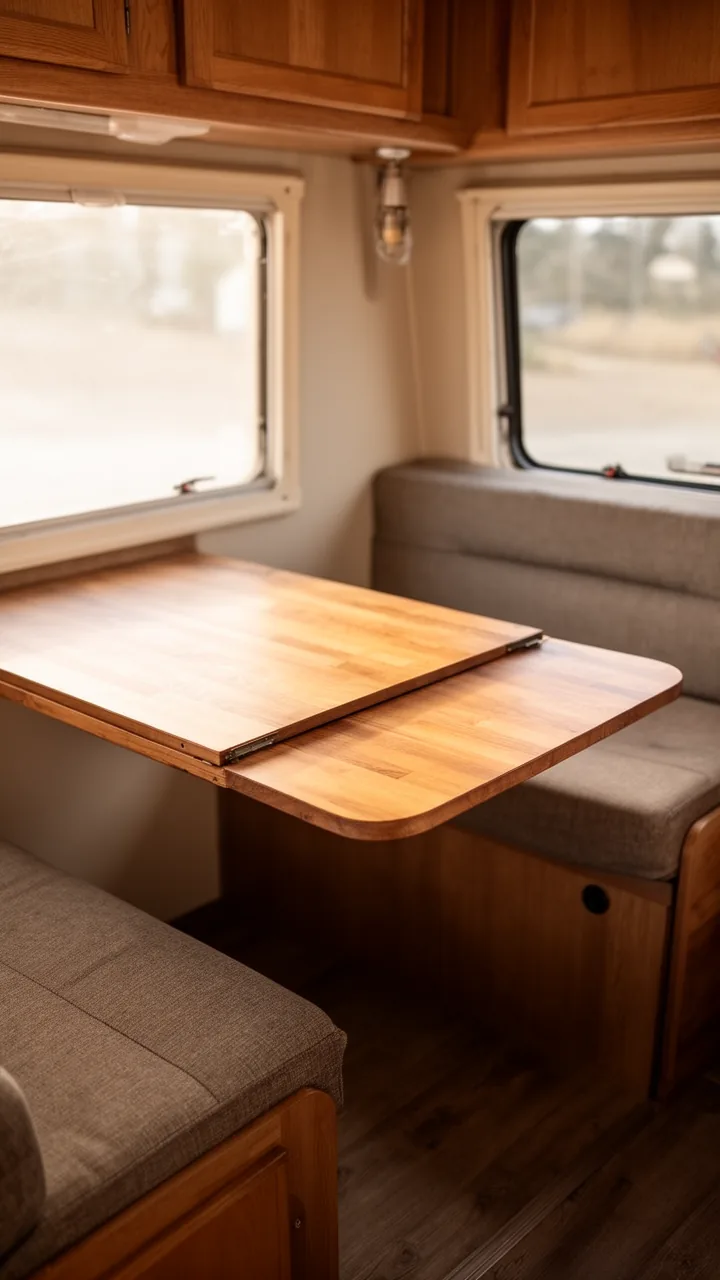 Warm wood snap-in camper table top resting on its low base for a quick change