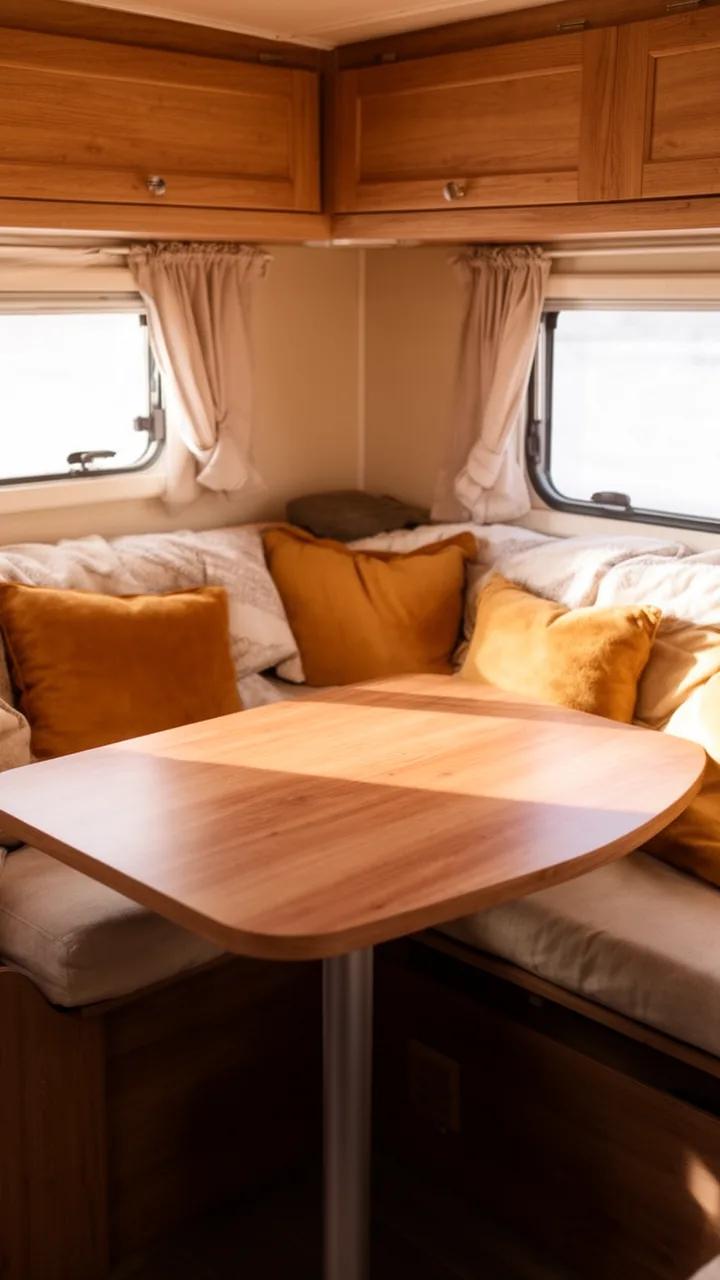 Camper table converted into a cozy bunk platform with warm cushions for extra sleepers