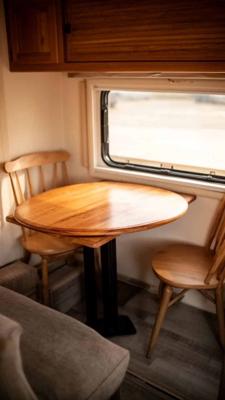 Warm round bistro table for two with small chairs in a cozy camper nook