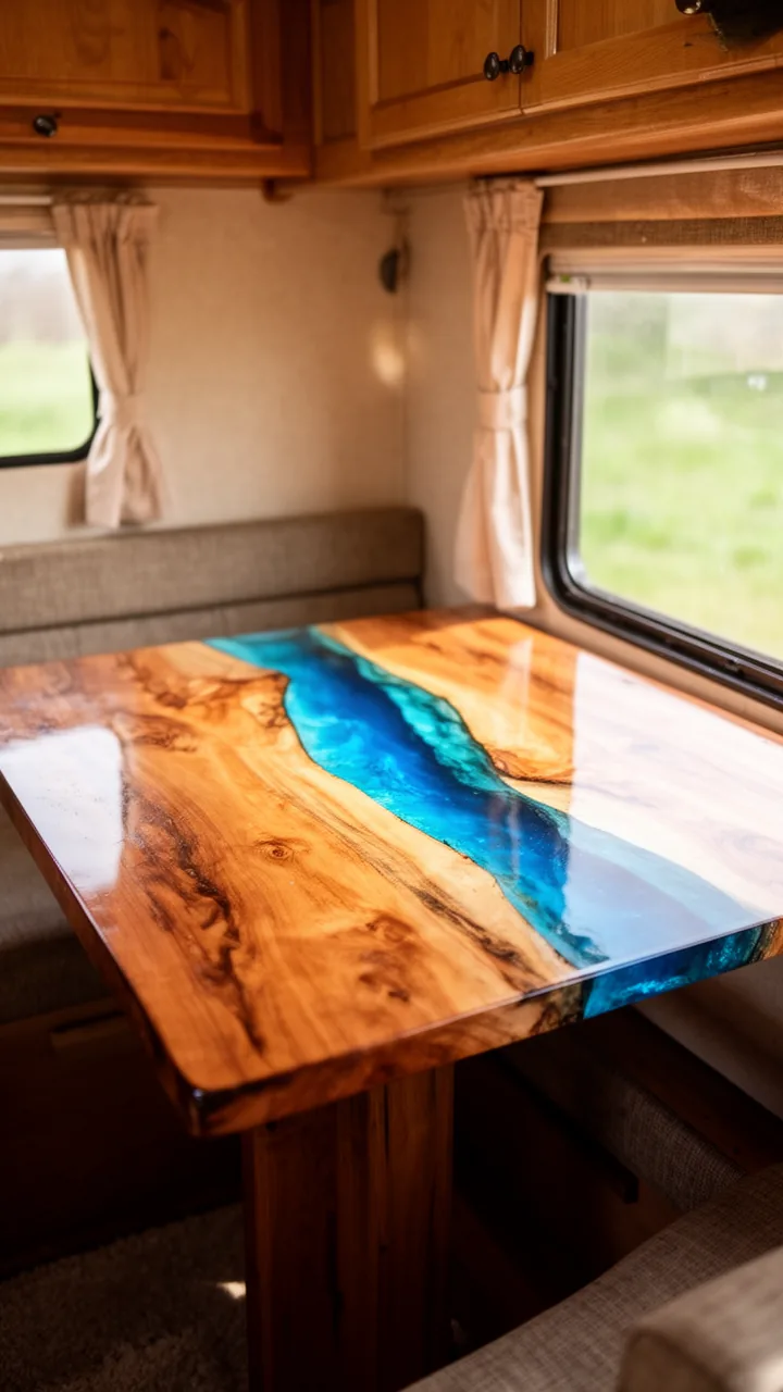 Warm wood DIY epoxy river table with a blue resin center in a handcrafted camper nook