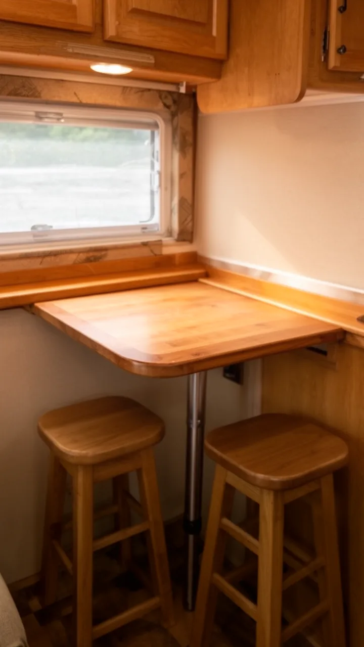 Warm wood fold-down bar-height counter with two stools along a cozy camper wall