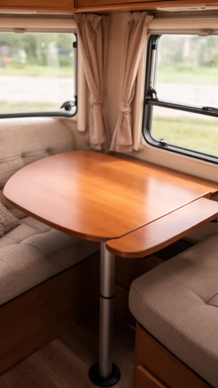 Warm wood swivel camper table rotating on a single post toward the sofa