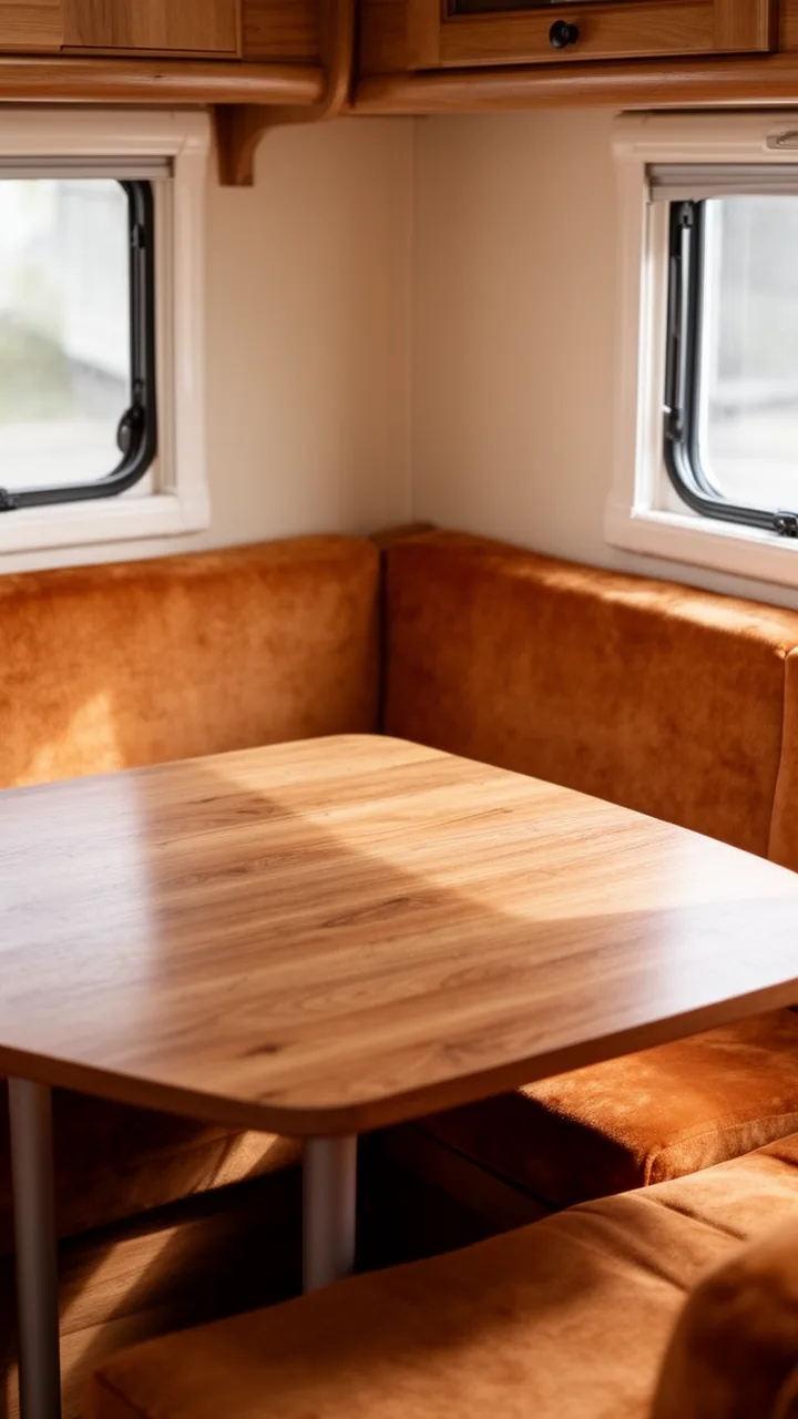 Freshly reupholstered warm-toned dinette cushions around a wood camper table