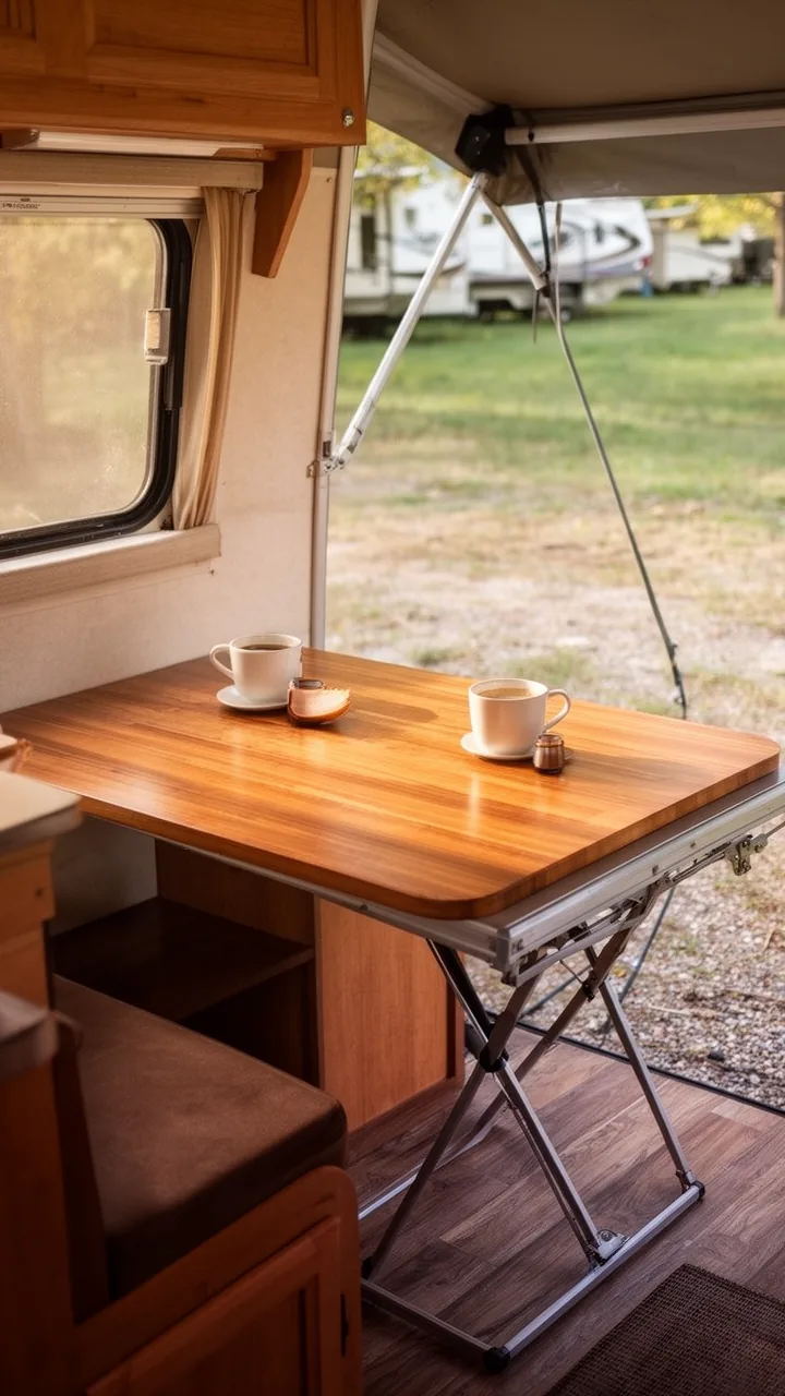 Warm wood-look outdoor folding camp table set under the camper awning